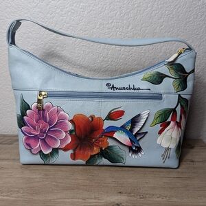 Anuschka Leather Hand Painted Hummingbird Flower Bag